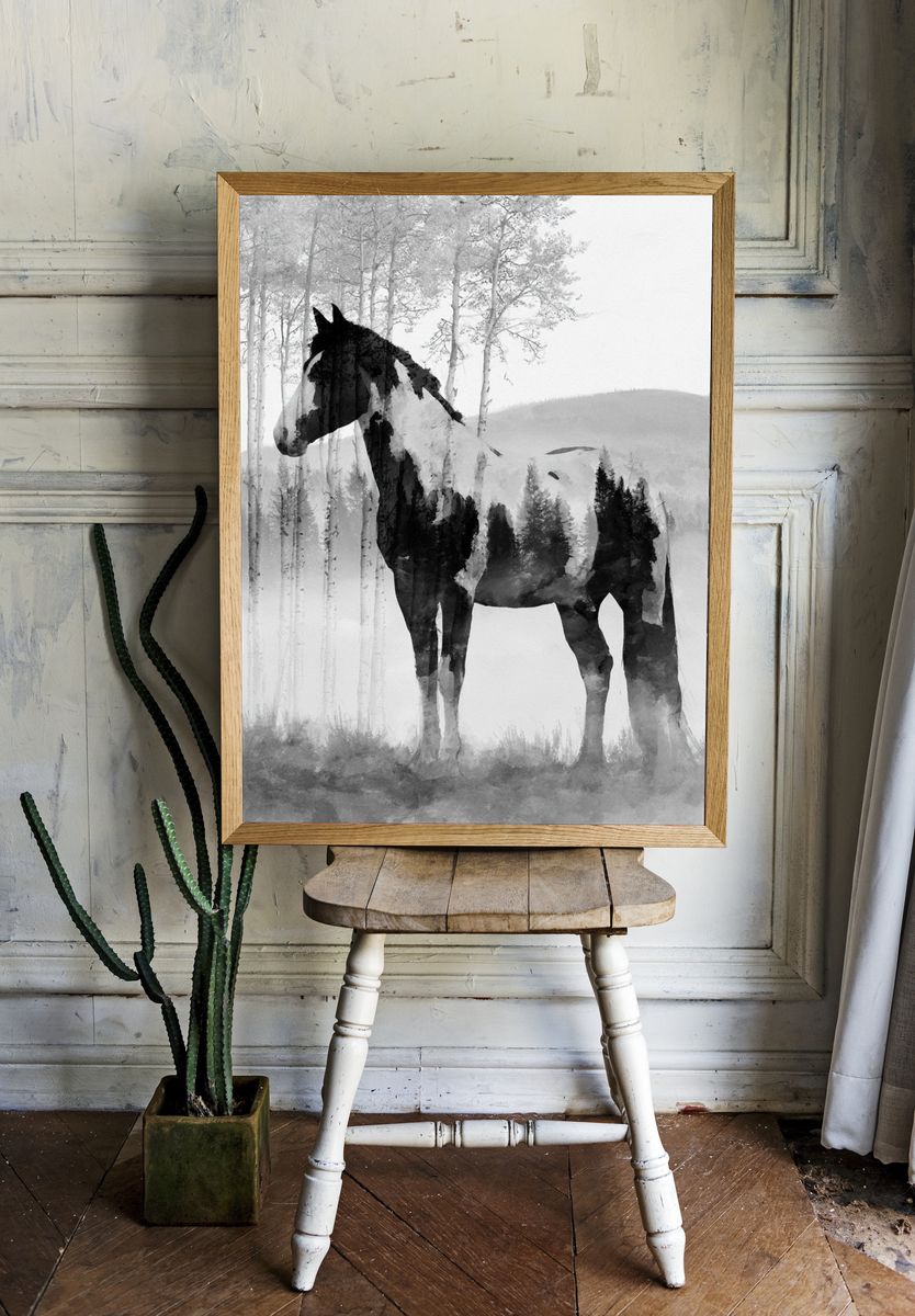 Horse in Misty Forest Print. room preview