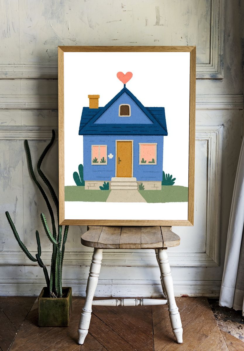 Blue House with Heart Roof Poster. — room view 1