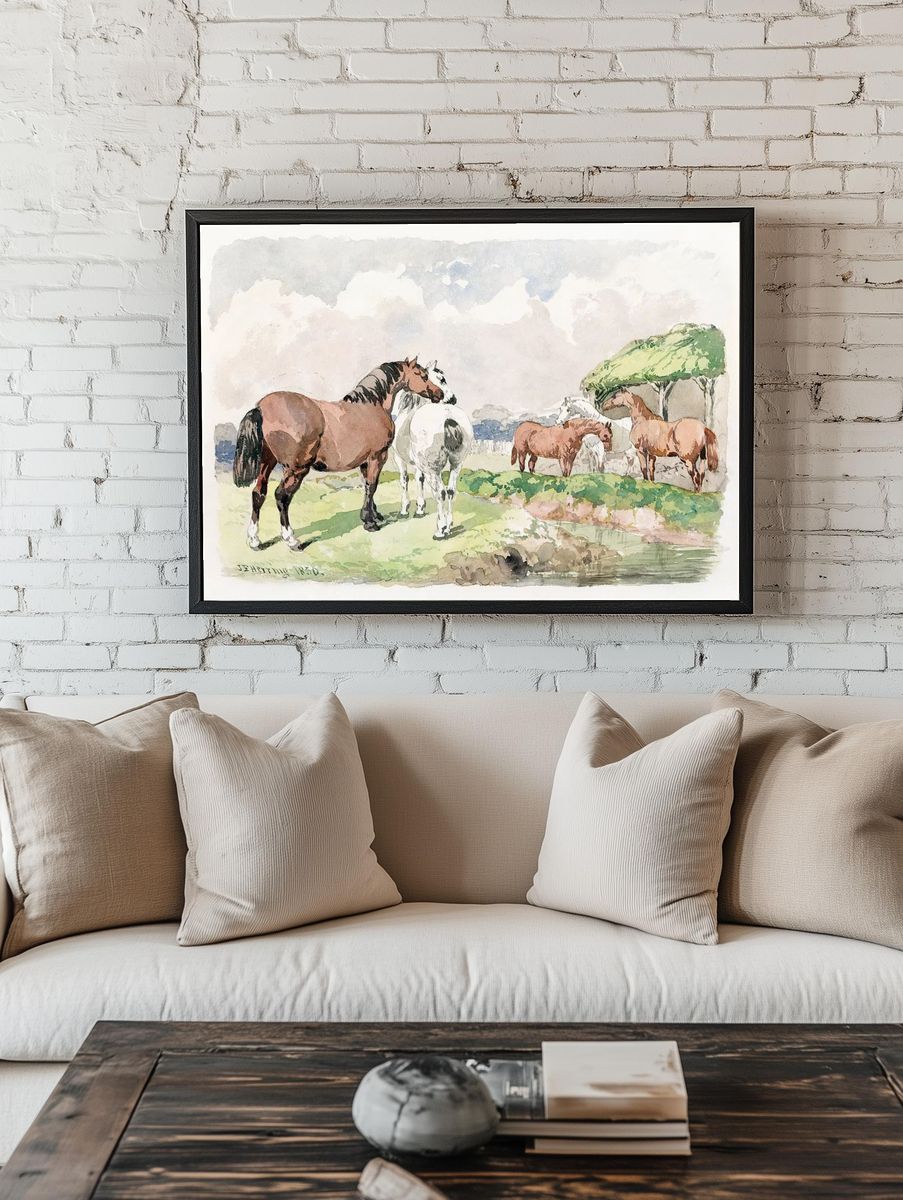 Horses in Pastoral Landscape — Watercolor Print room preview