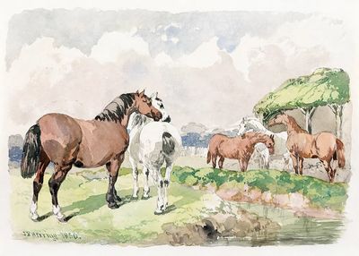 Horses in Pastoral Landscape — Watercolor Print. poster