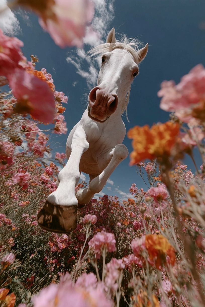 White Horse in Blooming Field Poster. poster — animals art