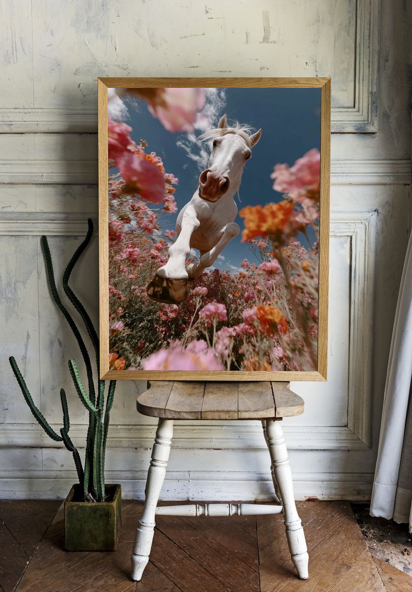 White Horse in Blooming Field Poster. — room view 1