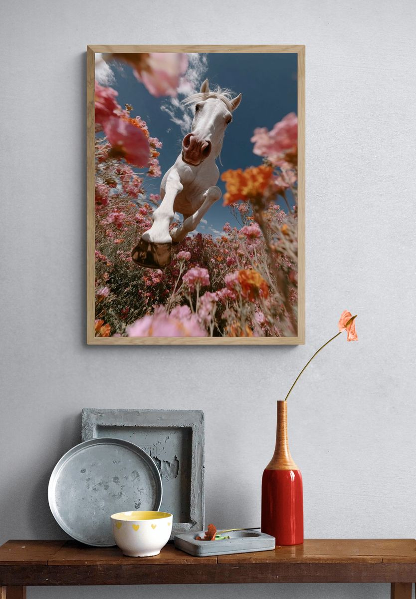 White Horse in Blooming Field Poster. — room view 3