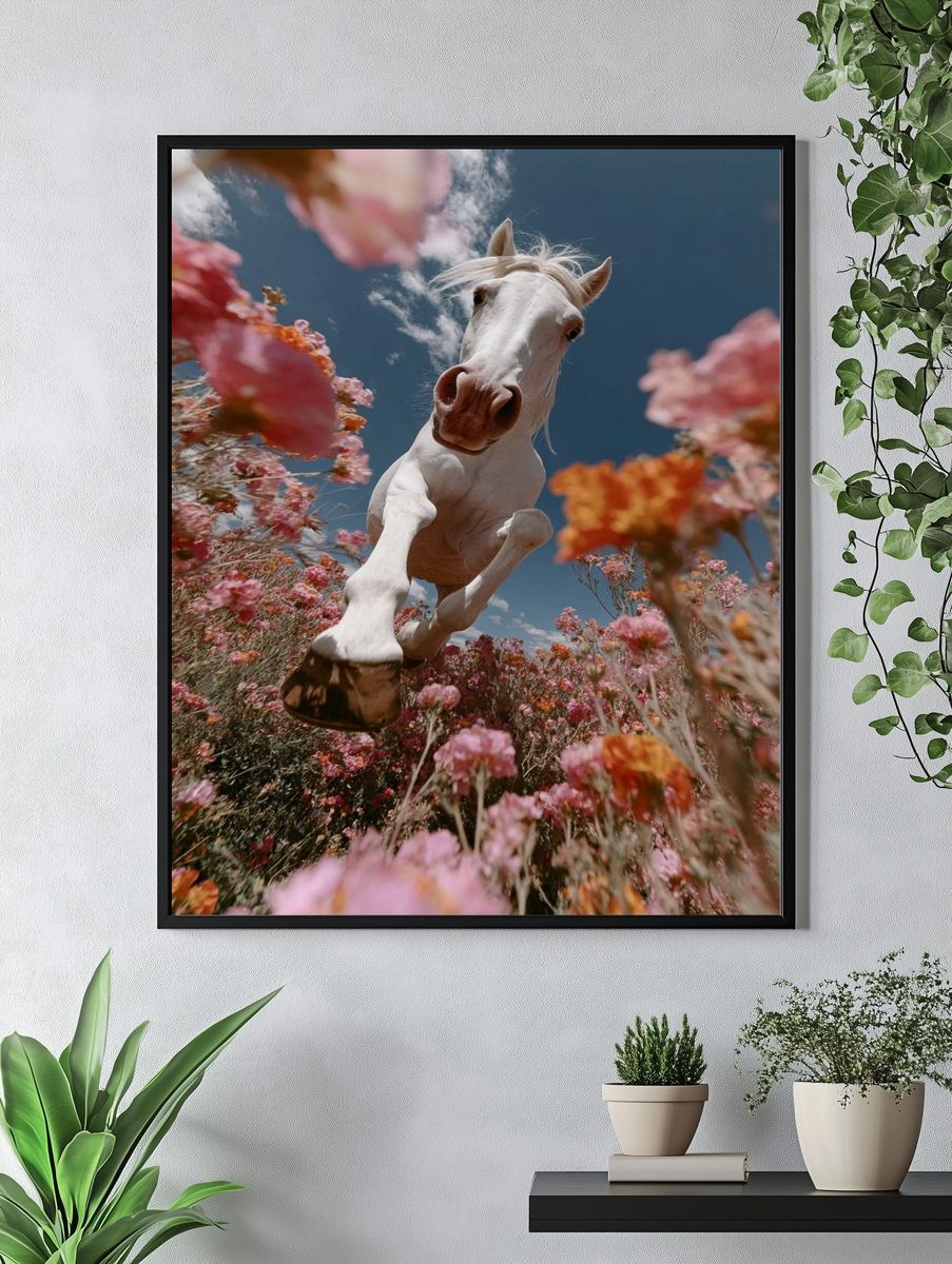 White Horse in Blooming Field Poster. — room view 4