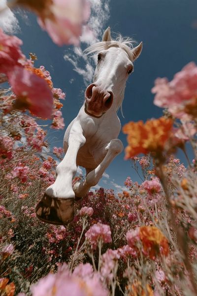 White Horse in Blooming Field Poster. poster