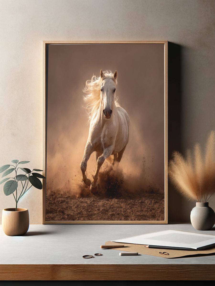 Running White Horse Photography Poster. — room view 2