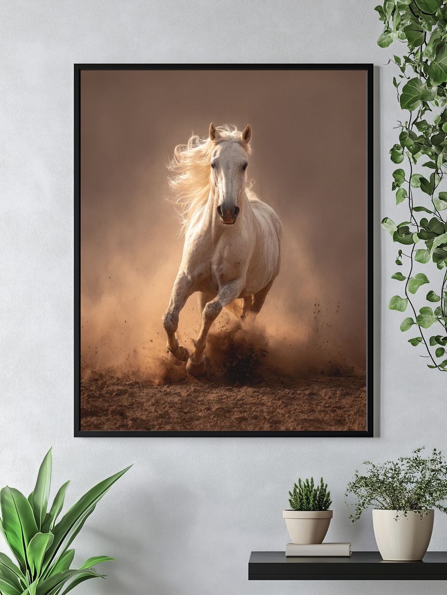 Running White Horse Photography Poster. — room view 4