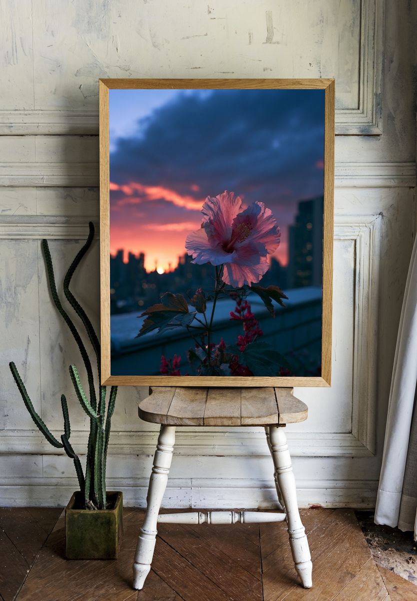 Hibiscus Sunset Cityscape Poster. room preview