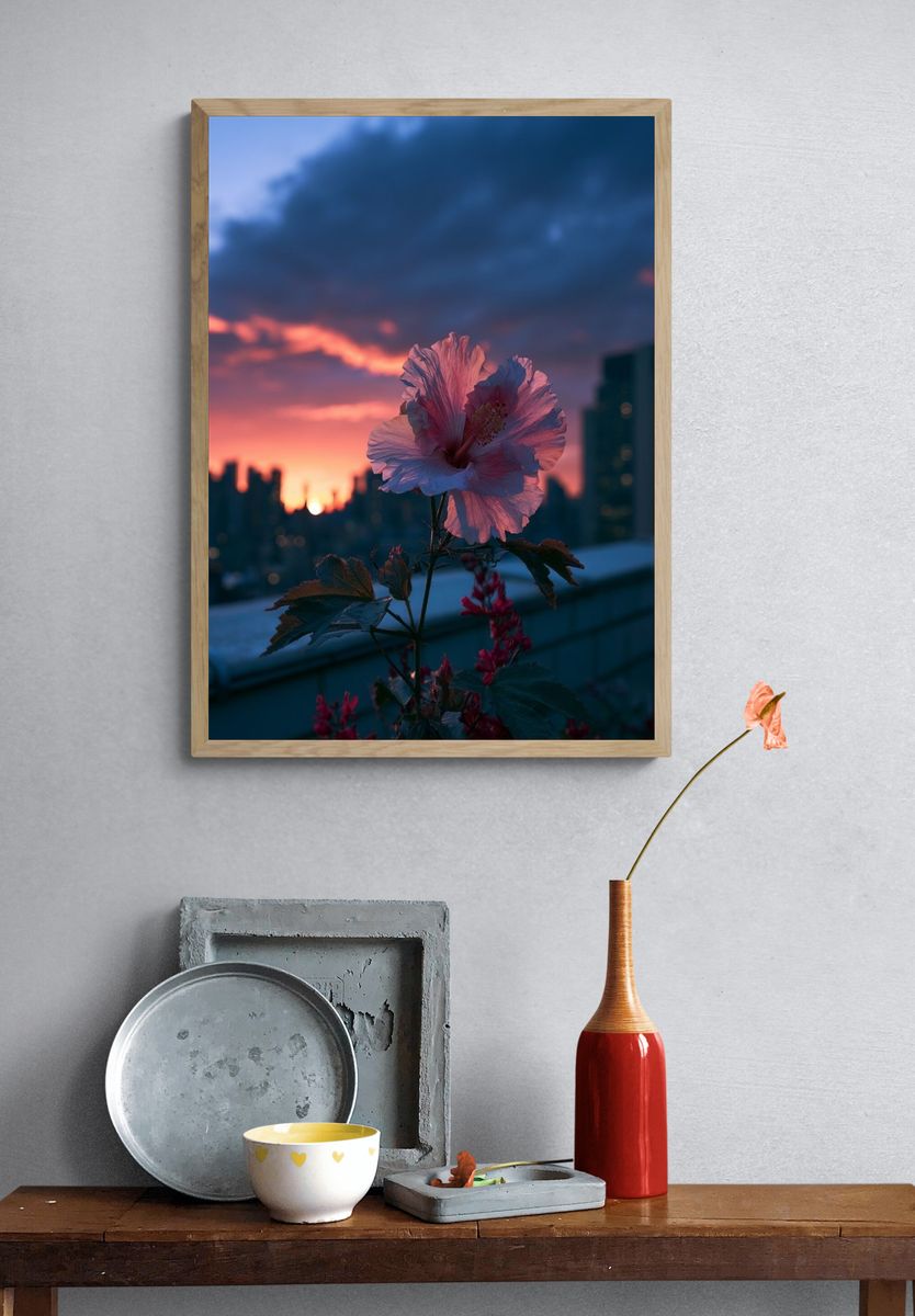 Hibiscus Sunset Cityscape Poster. — room view 3
