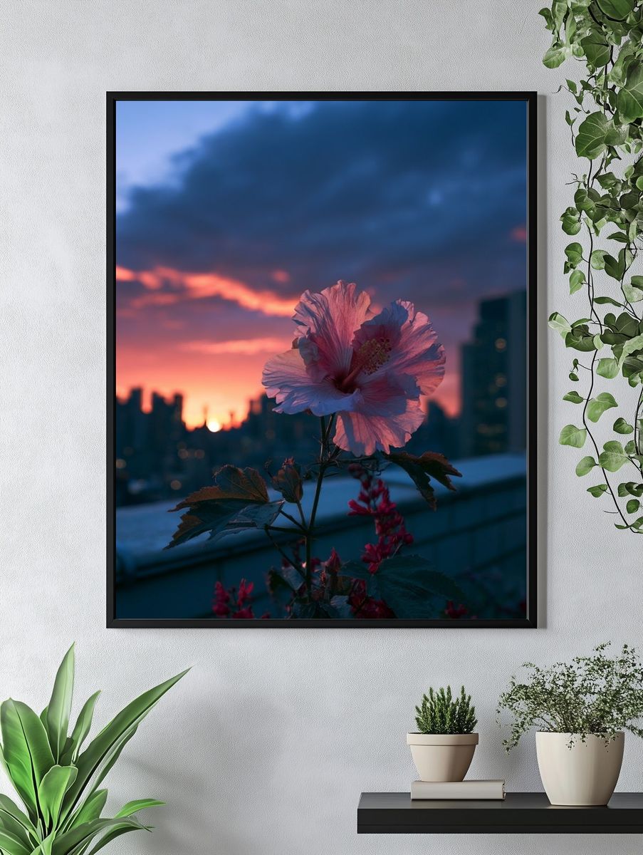 Hibiscus Sunset Cityscape Poster. — room view 4
