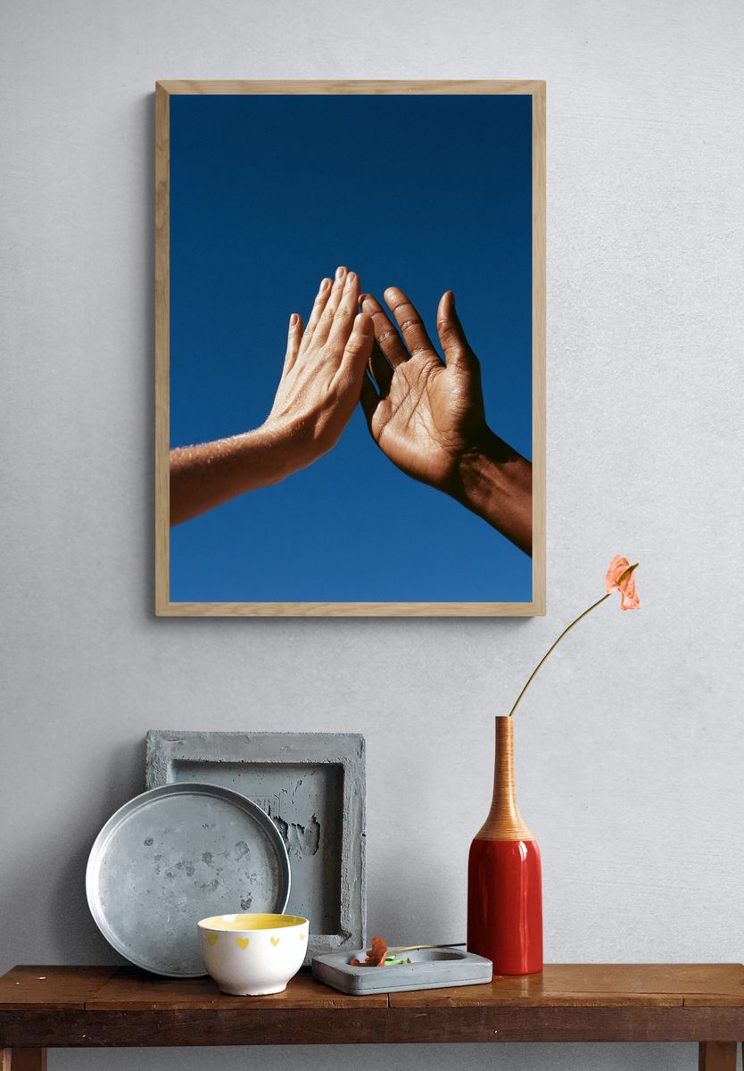 Hands Against Blue Sky Photography Poster. — room view 3
