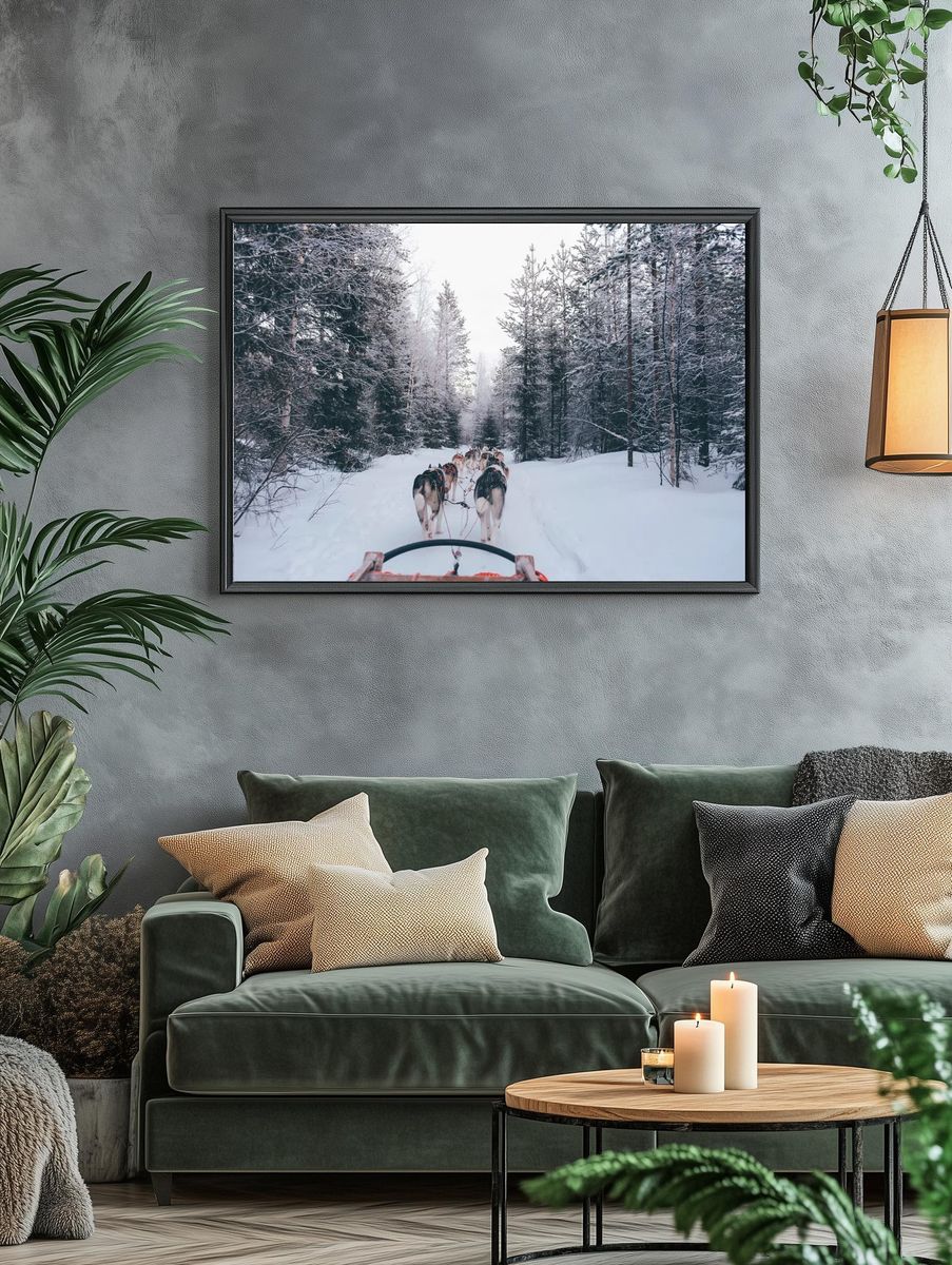 Husky Sledding in Winter Forest Poster. — room view 4