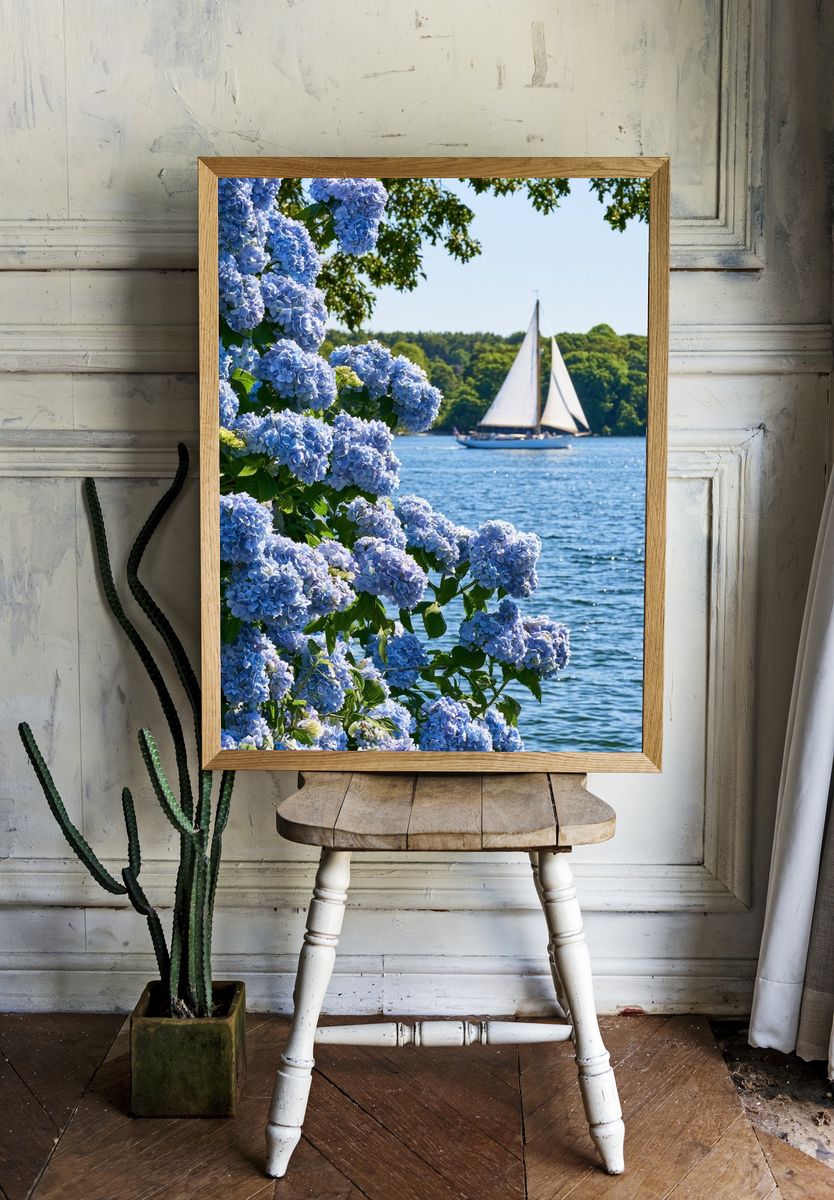 Hydrangeas by the Sailboat Poster. — room view 1