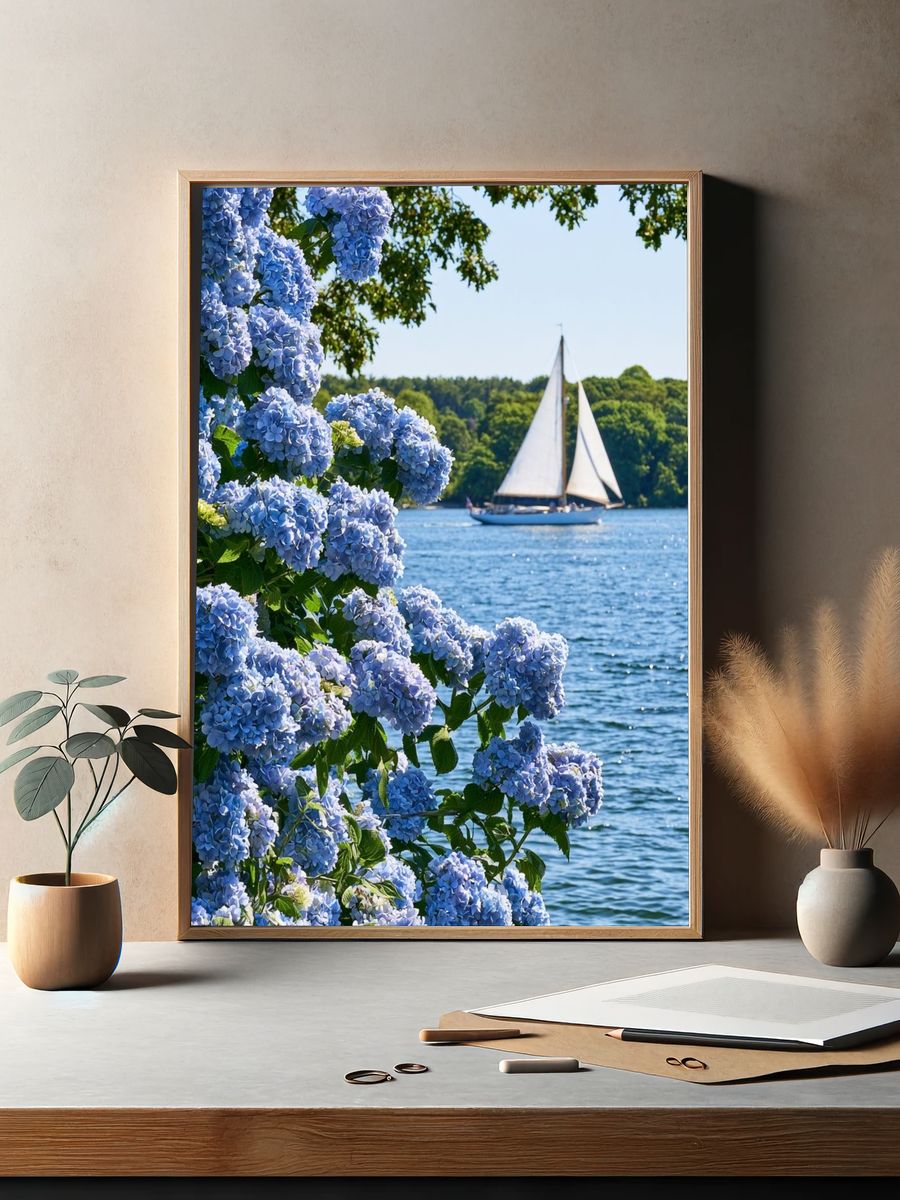 Hydrangeas by the Sailboat Poster. — room view 2