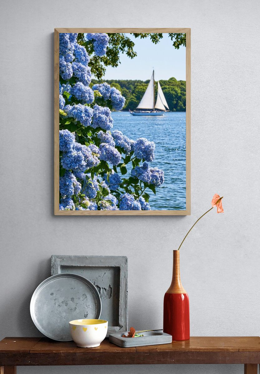 Hydrangeas by the Sailboat Poster. — room view 3