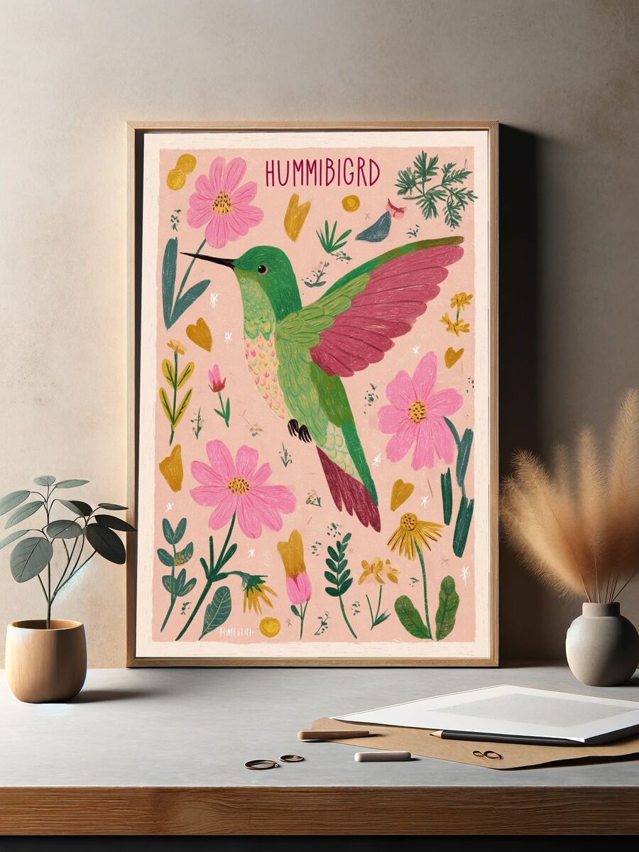 Hummingbird Botanical Illustration Poster. — room view 2