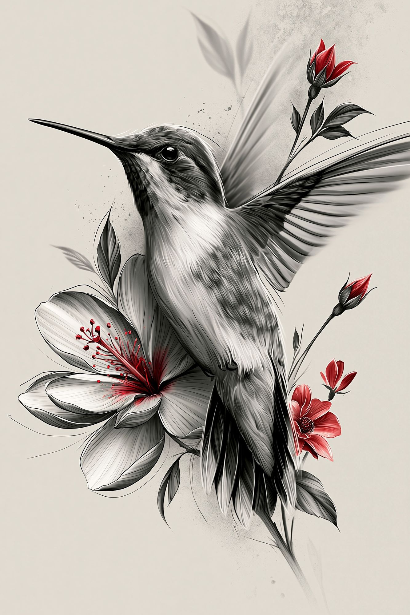 Hummingbird and Hibiscus Illustration Poster. poster detail