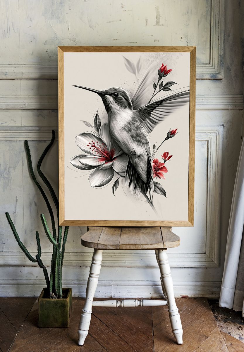 Hummingbird and Hibiscus Illustration Poster. — room view 1