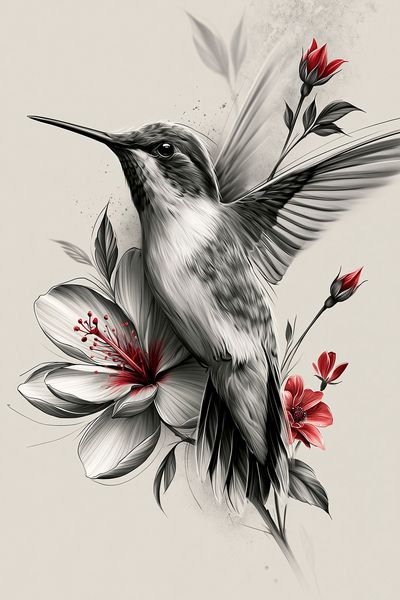 Hummingbird and Hibiscus Illustration Poster. poster