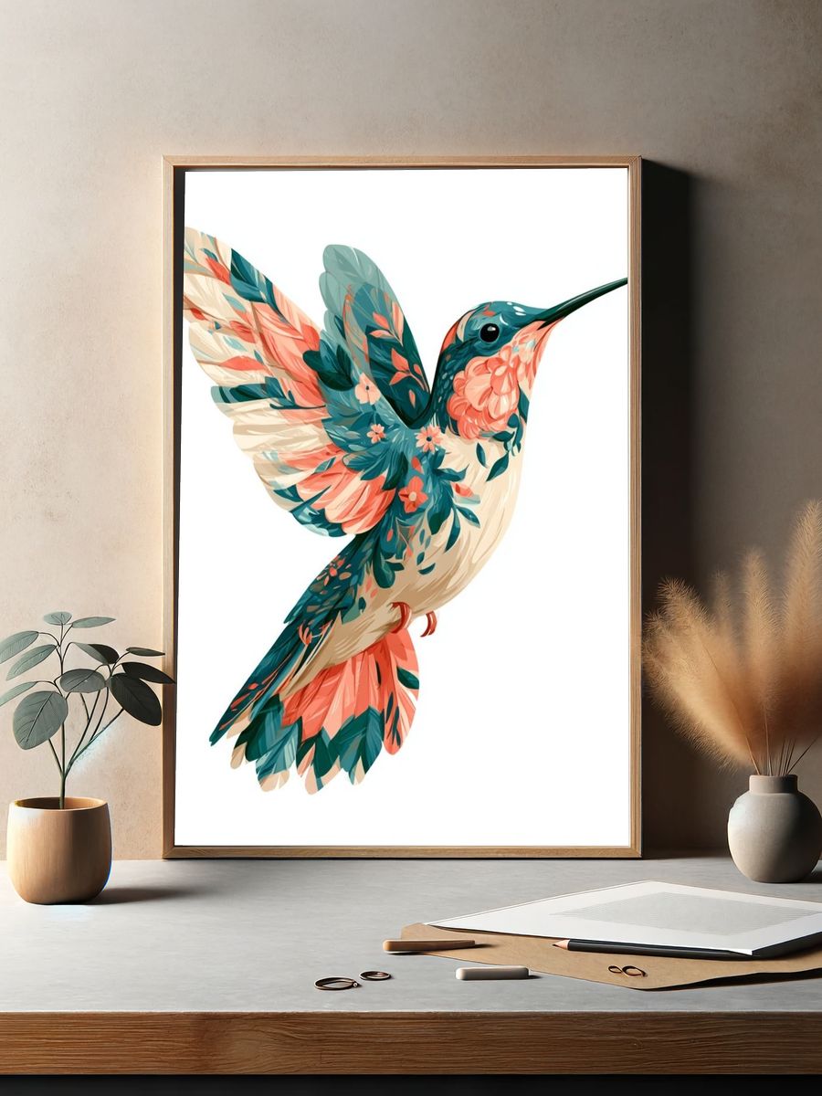 Floral Hummingbird Illustration Poster. — room view 2