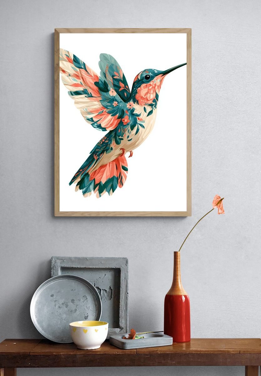 Floral Hummingbird Illustration Poster. — room view 3
