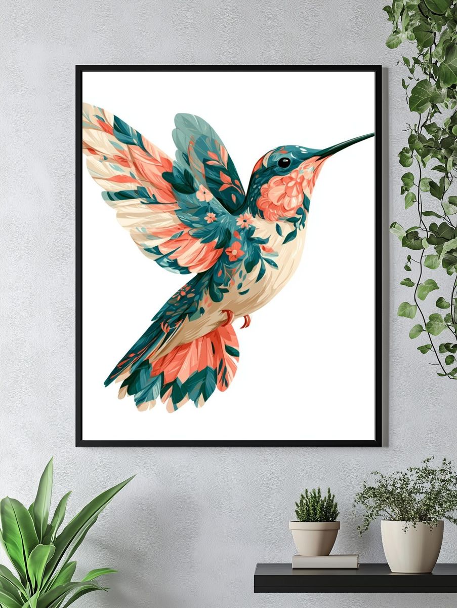 Floral Hummingbird Illustration Poster. — room view 4