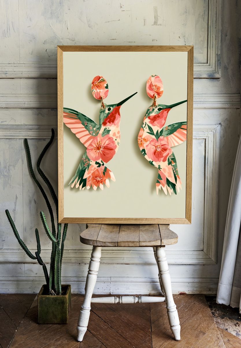 Floral Hummingbirds Illustration Poster. — room view 1