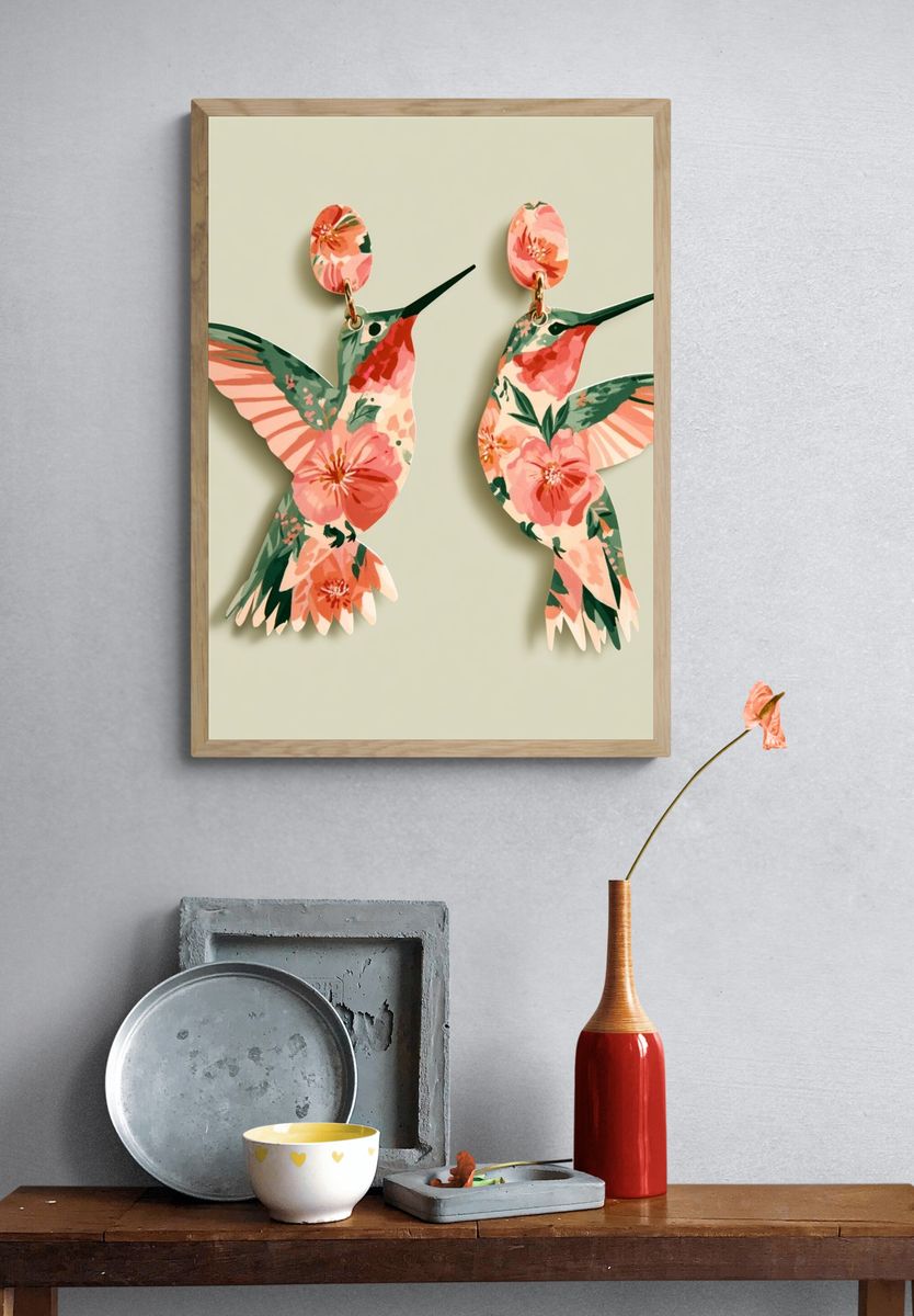 Floral Hummingbirds Illustration Poster. — room view 3