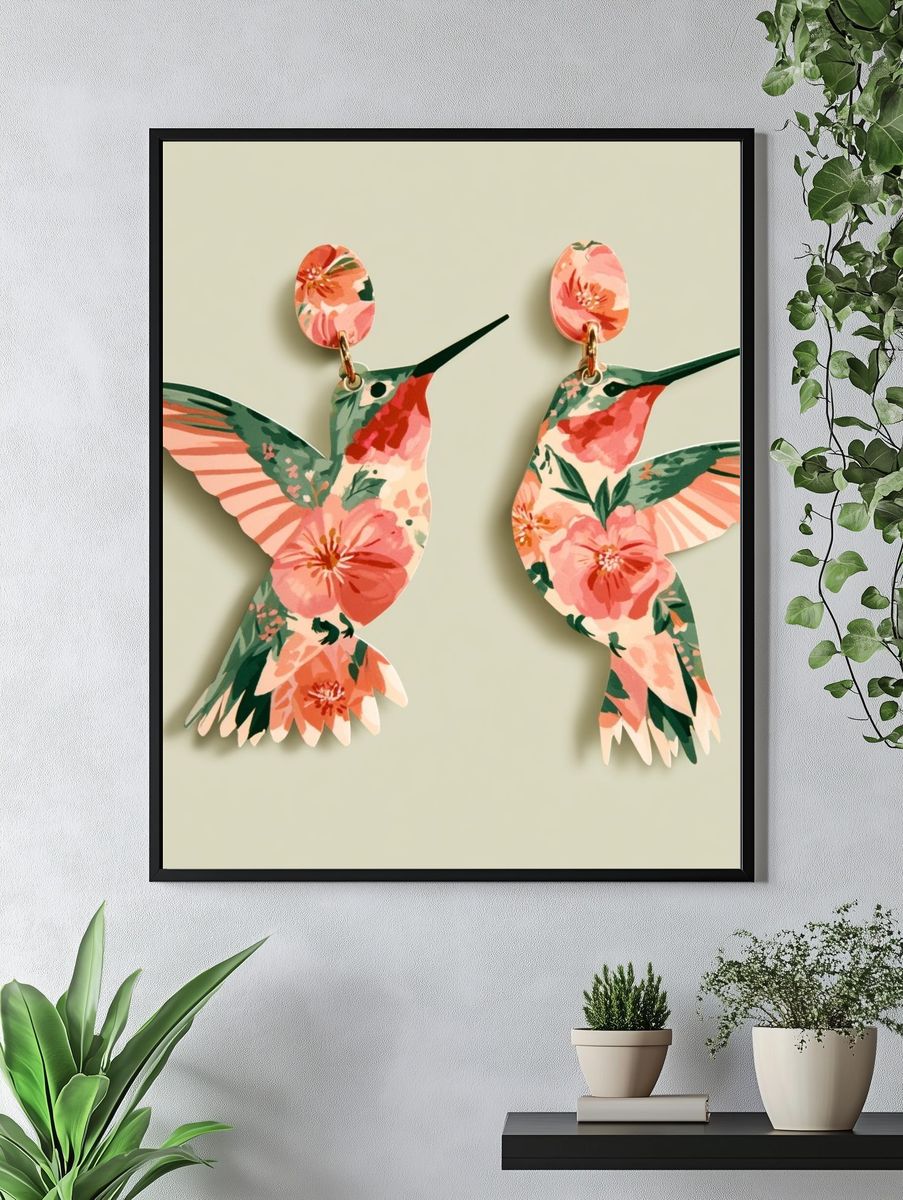 Floral Hummingbirds Illustration Poster. — room view 4