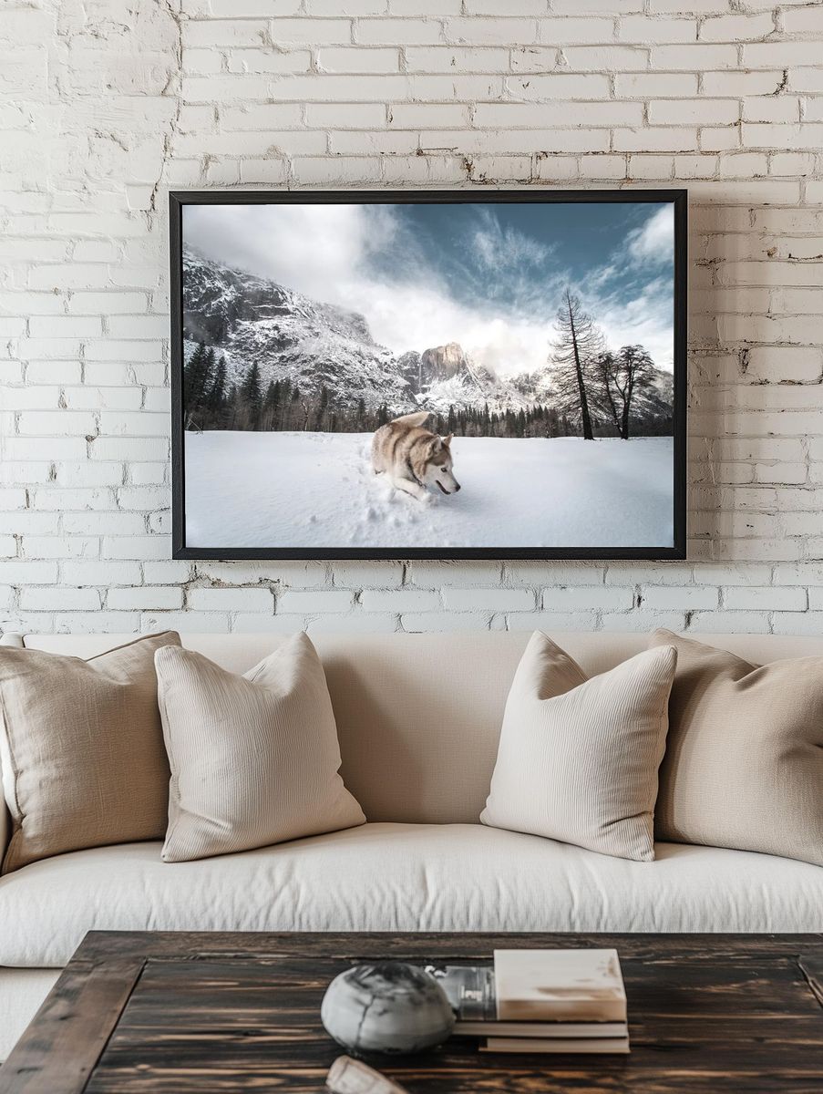 Husky in Snowy Mountain Landscape Poster. — room view 1
