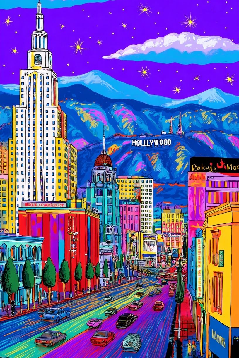 Vibrant Hollywood Cityscape Poster. poster detail