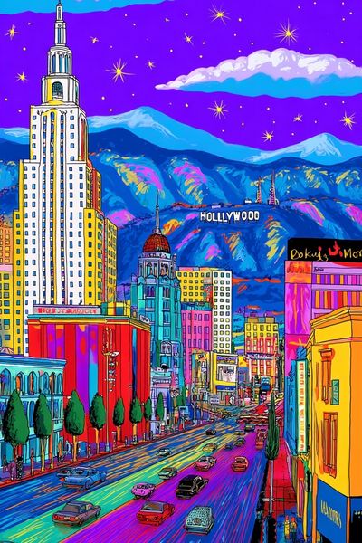 Vibrant Hollywood Cityscape Poster. poster