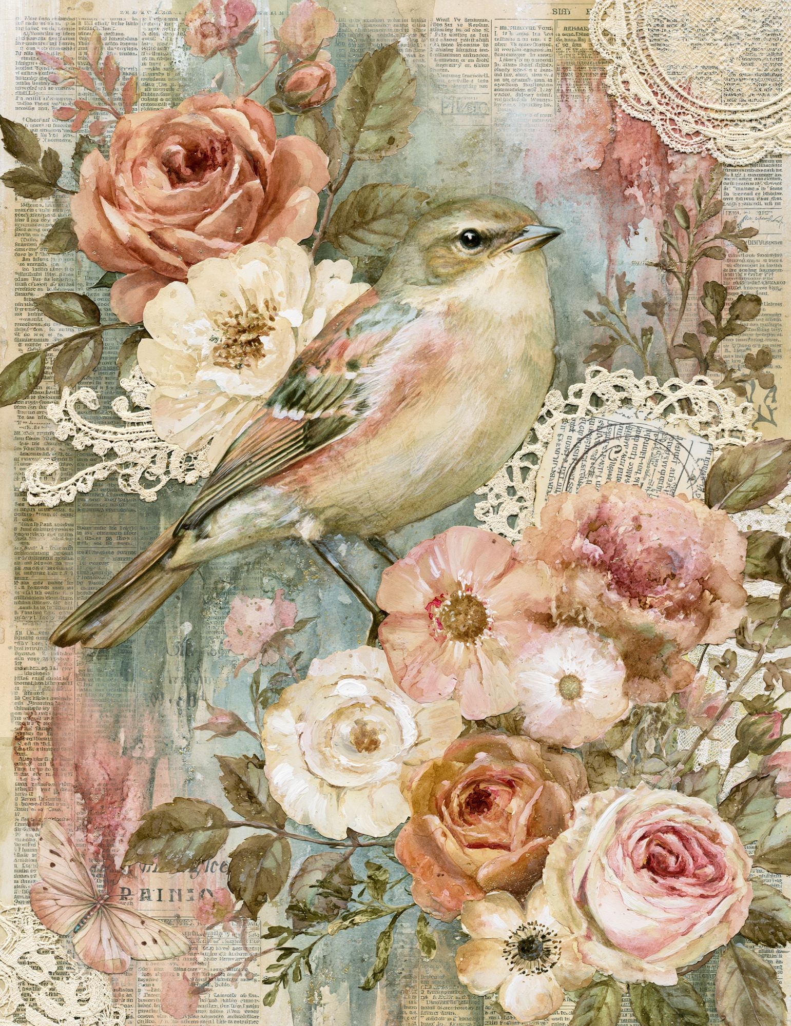 Vintage Bird and Roses Print. poster detail