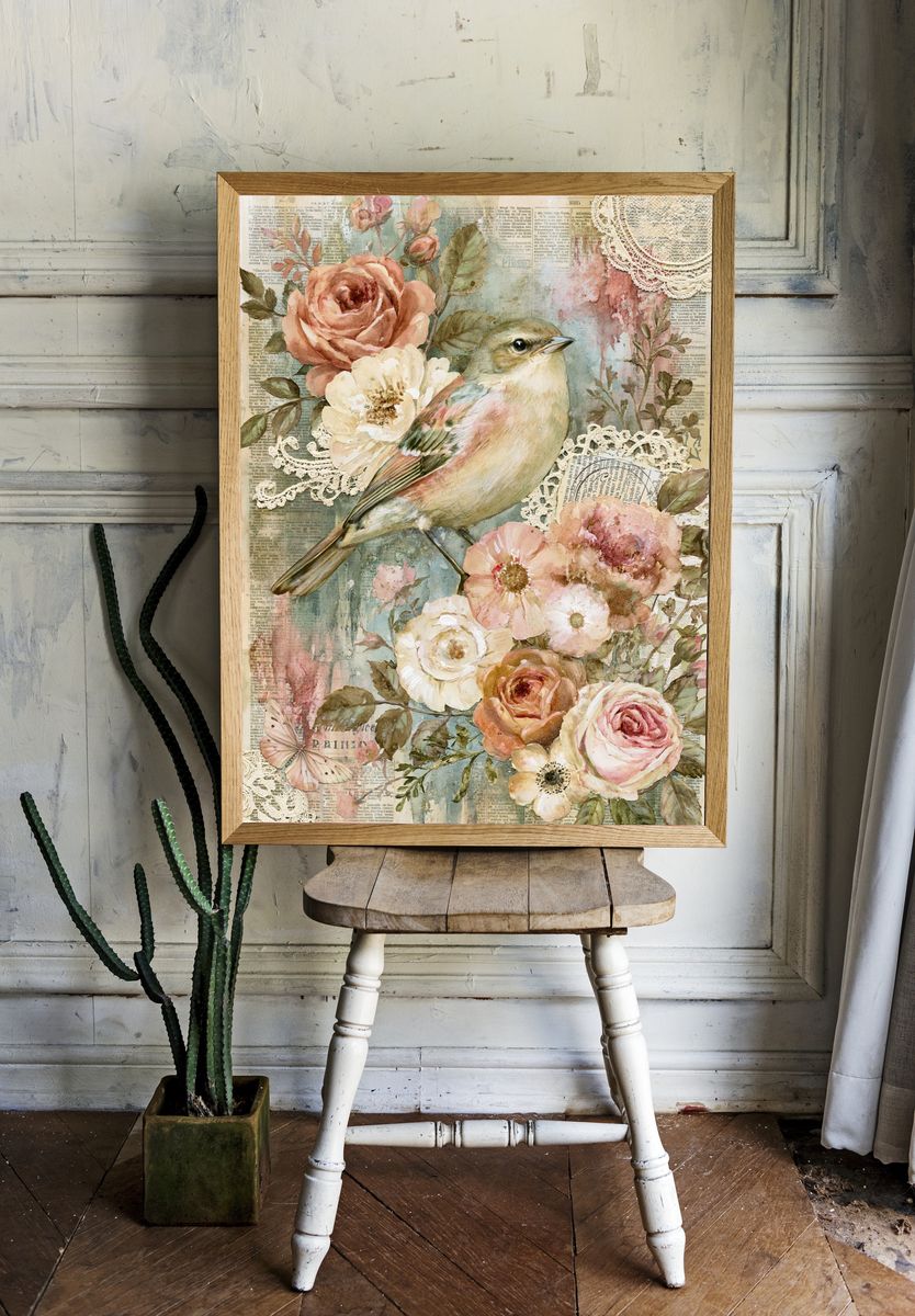 Vintage Bird and Roses Print. — room view 1