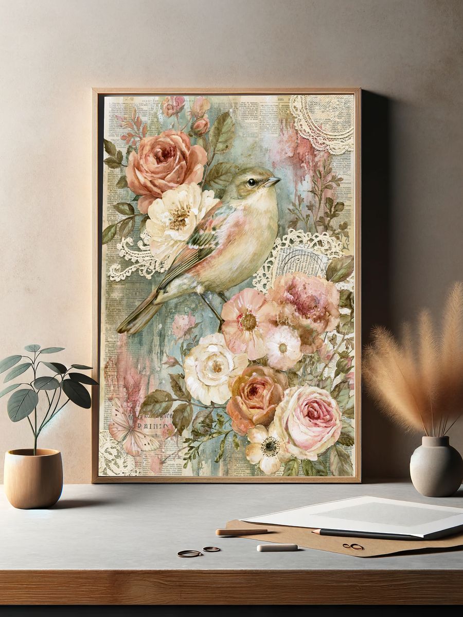 Vintage Bird and Roses Print. — room view 2