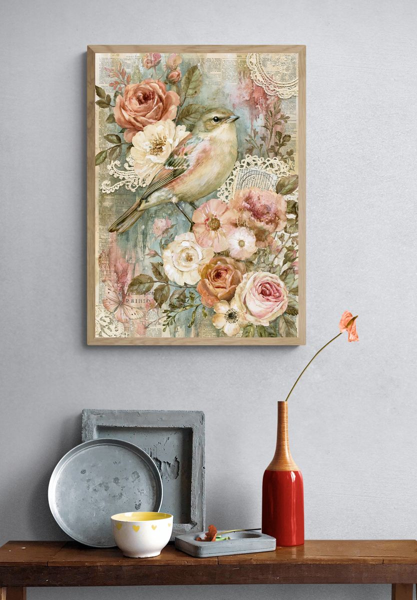 Vintage Bird and Roses Print. — room view 3