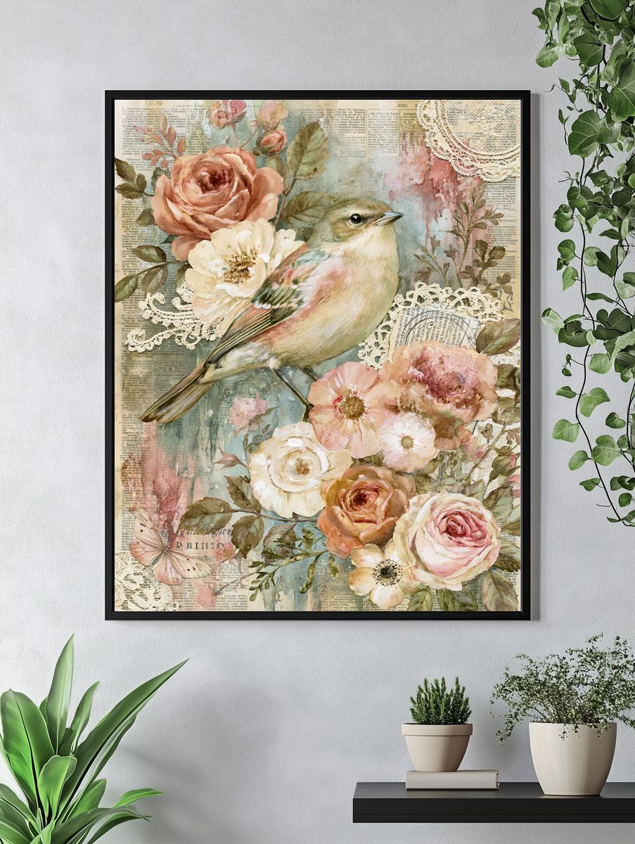Vintage Bird and Roses Print. — room view 4