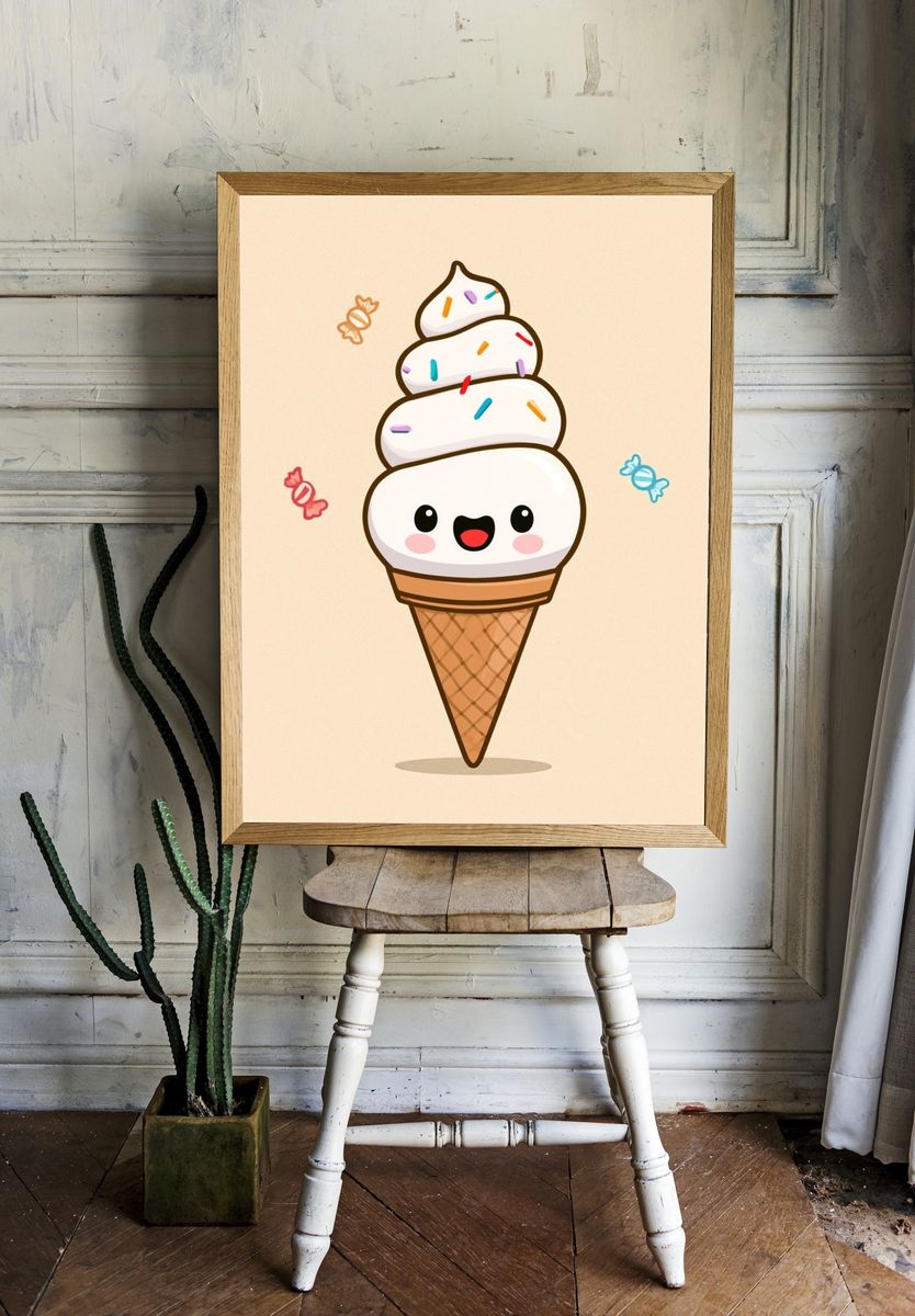 Cute Ice Cream Cone Illustration Poster. — room view 1