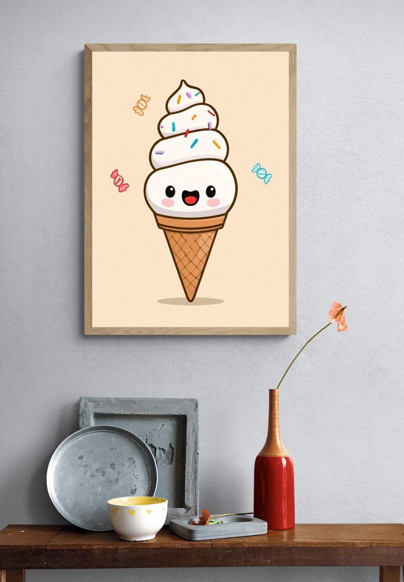 Cute Ice Cream Cone Illustration Poster. — room view 3