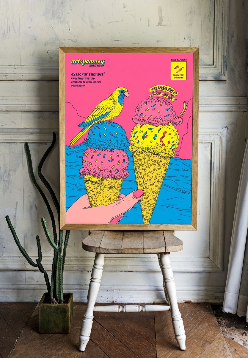 Colorful Ice Cream and Bird Poster room preview