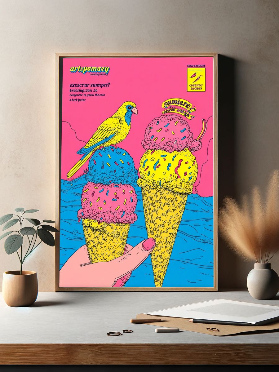 Colorful Ice Cream and Bird Poster. — room view 2