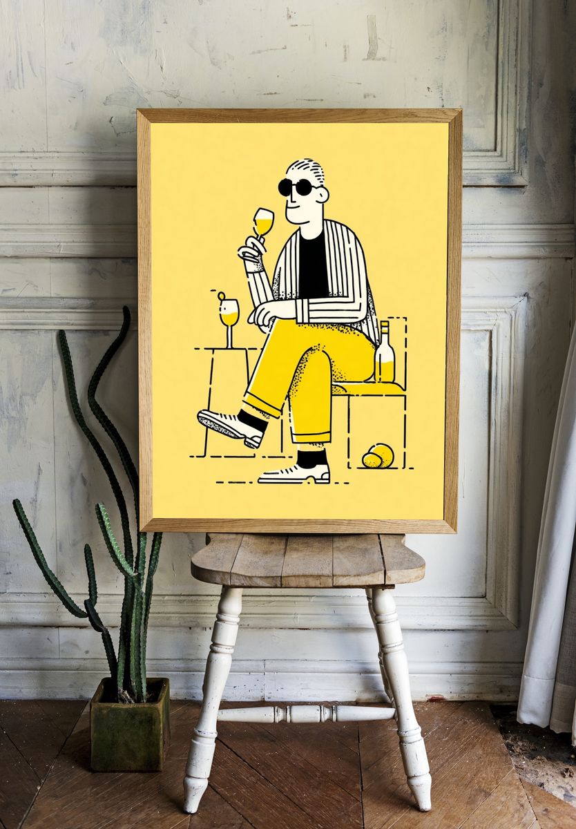 Chic Man with Drink — Illustration Print. room preview