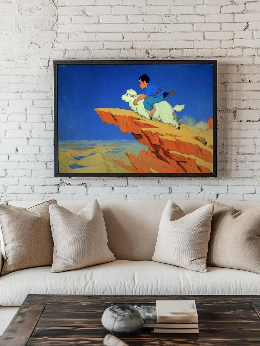 Boy Riding Goat — Whimsical Illustration Print. room preview