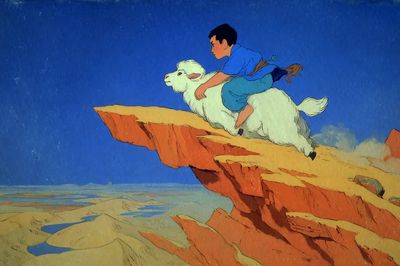 Boy Riding Goat — Whimsical Illustration Print. poster print