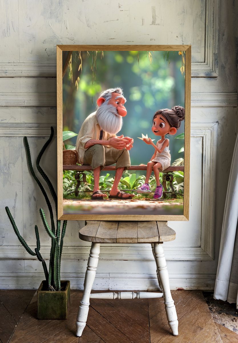 Grandfather and Granddaughter — Illustration Print. room preview