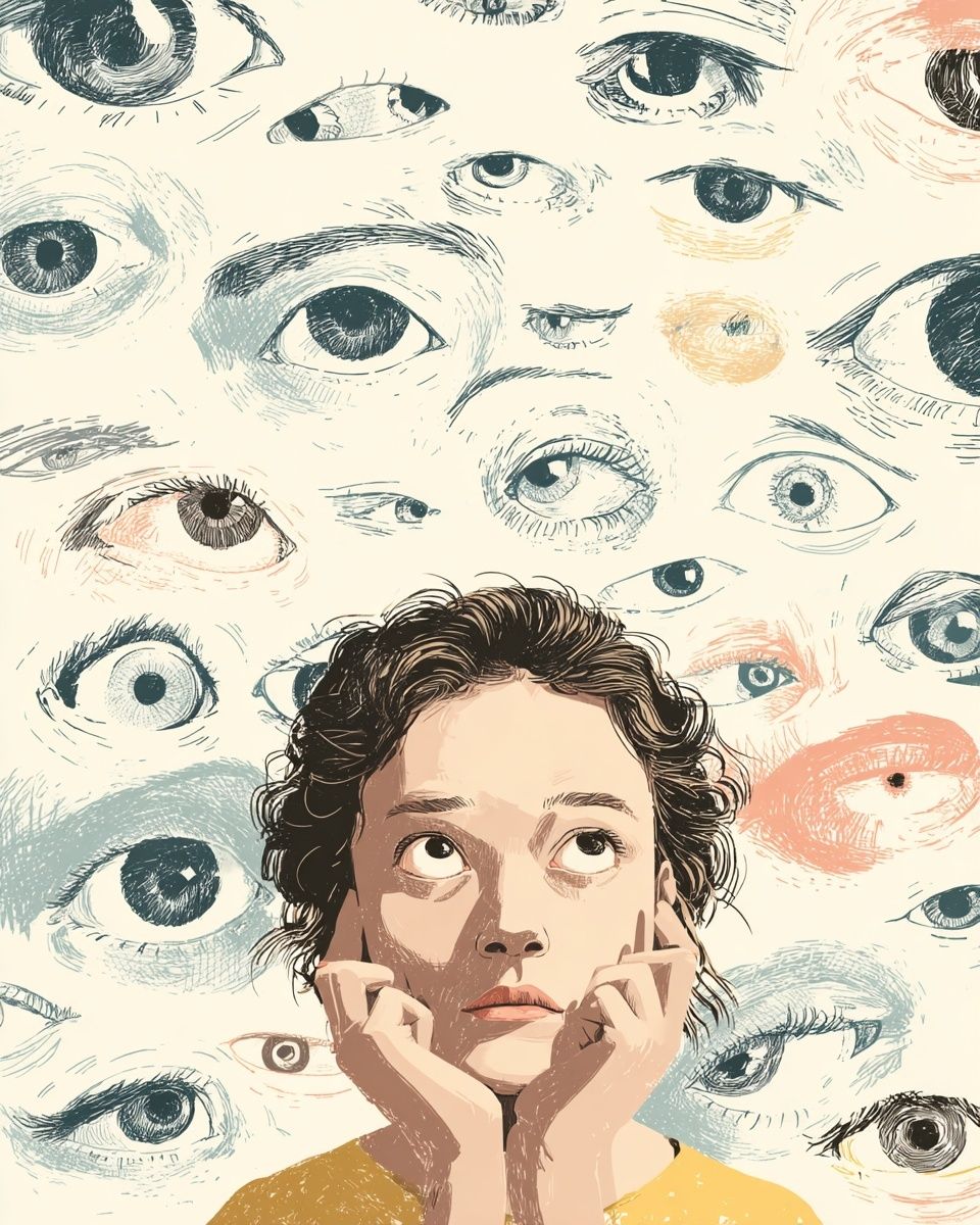 Thoughtful Girl Among Eyes — Illustration Print. poster — illustration art