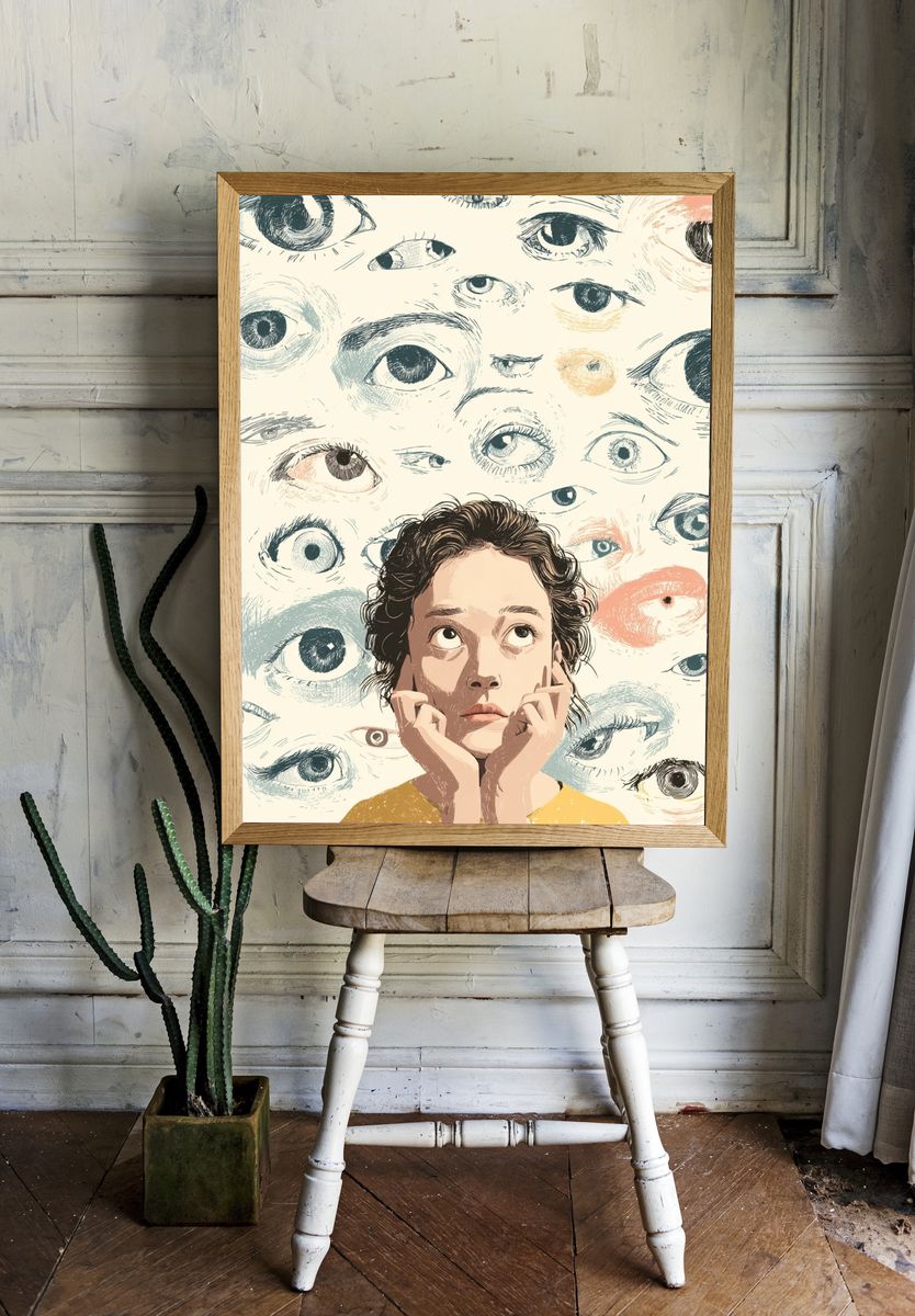 Thoughtful Girl Among Eyes — Illustration Print room preview