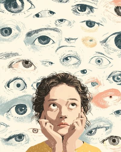 Thoughtful Girl Among Eyes — Illustration Print. poster print