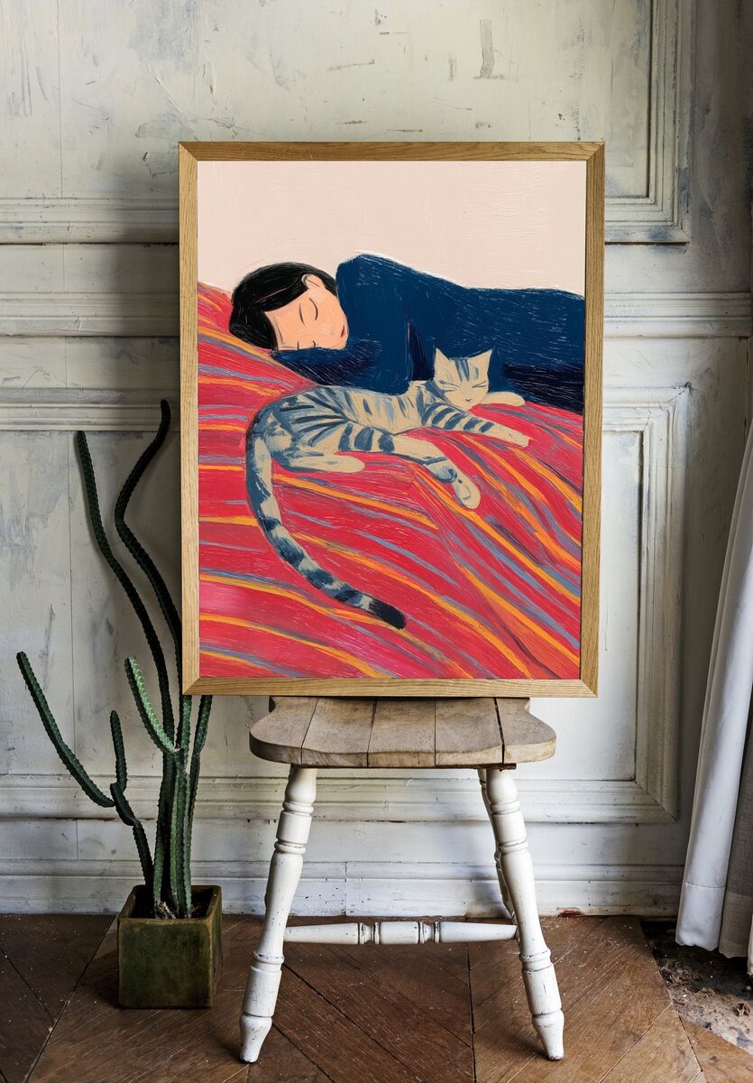 Sleeping Girl with Cat — Illustration Print. room preview