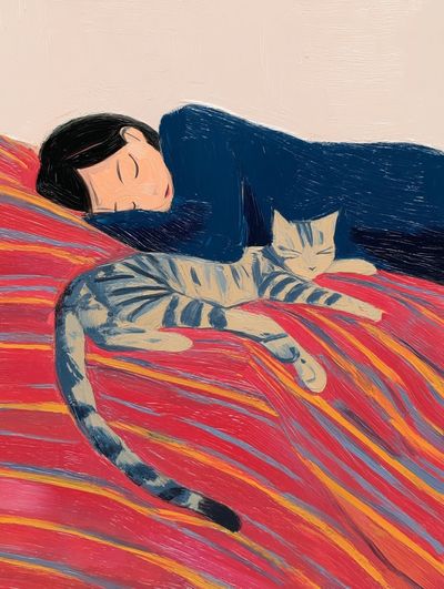 Sleeping Girl with Cat — Illustration Print. poster
